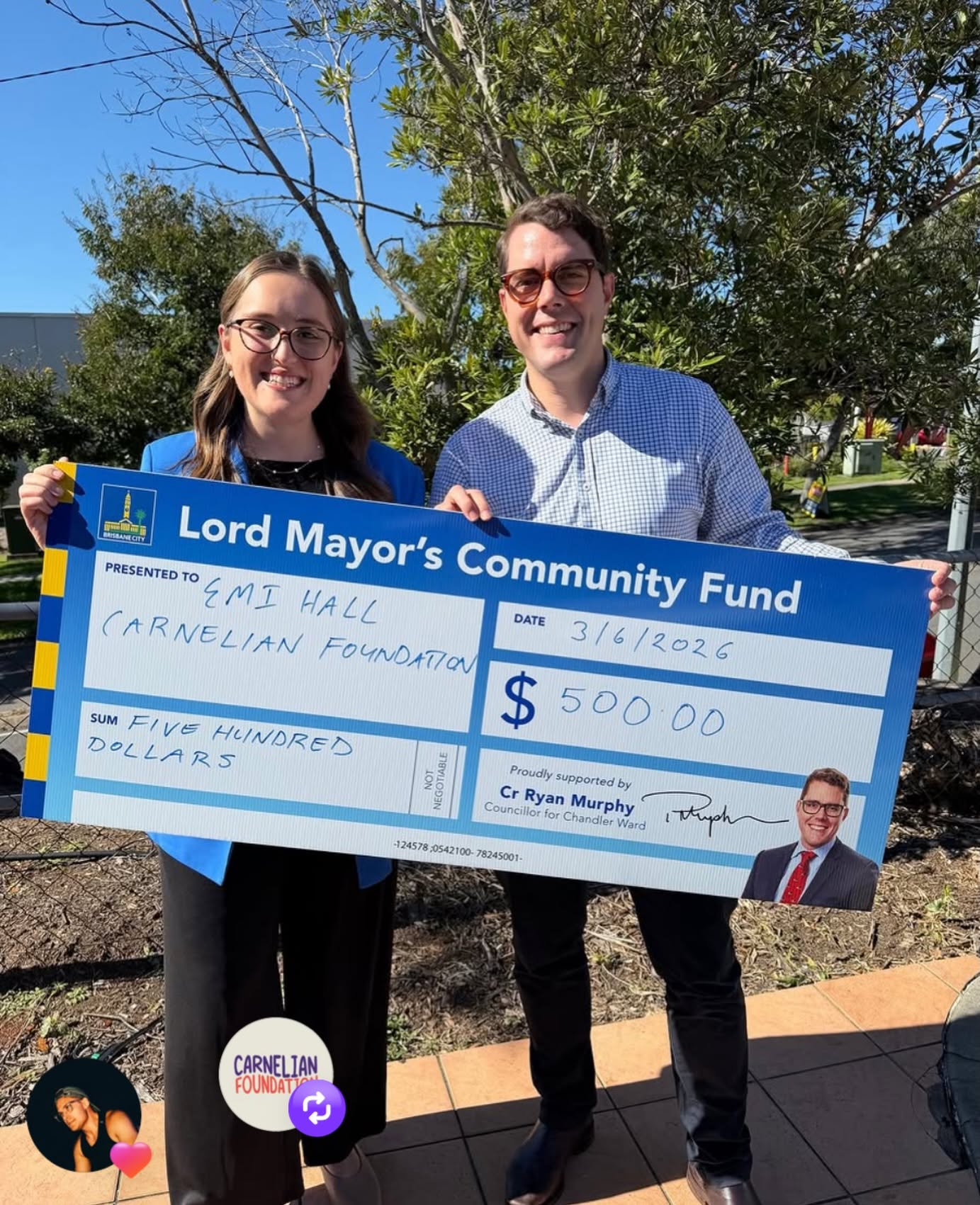 Emi Hall receiving a Lord Mayor's Community Fund grant for the Carnelian Foundation